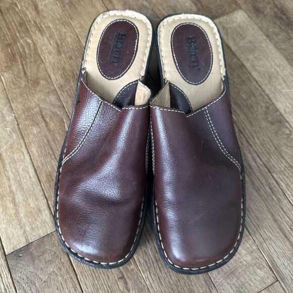 Born Clogs Slip-On Leather Mules Wedge Heel 9 Brown Open Back - Picture 2 of 11